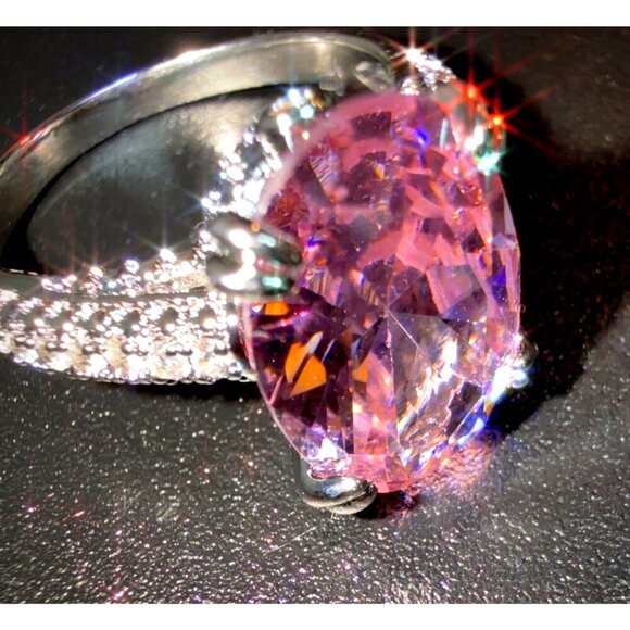 Stunning Sterling Silver Ring With Large Pink Oval Cubic Zirconia & Pave Band - Picture 5 of 8